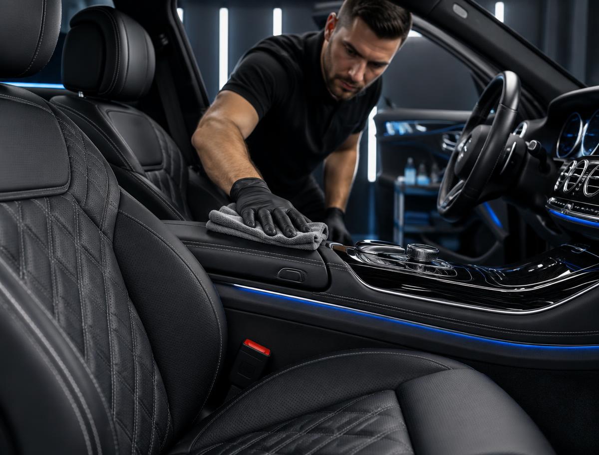 Professional cleaning a luxury car interior